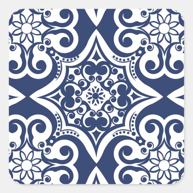 Blau-Weiß-marokkanisches Muster Quadratischer Aufkleber (Vorderseite)