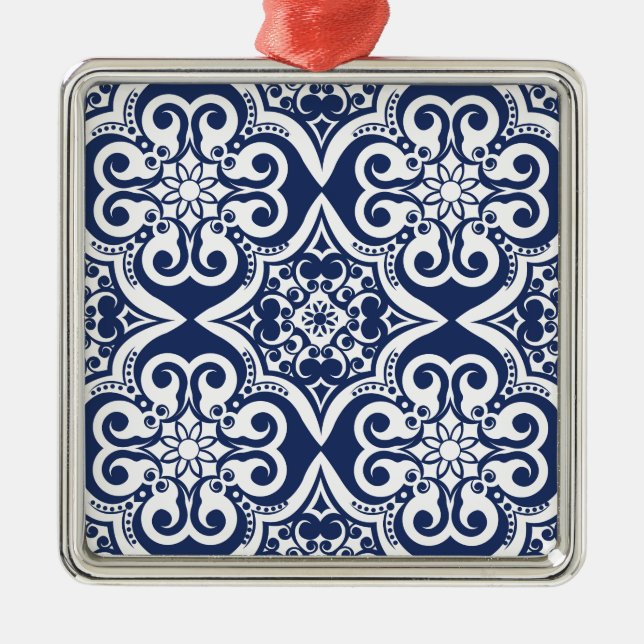 Blau-Weiß-marokkanisches Muster Silbernes Ornament (Vorne)