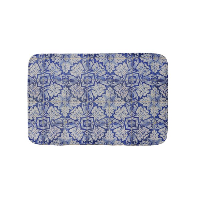 Blau-Weiß-mediterranes Vintages Blumenmuster Badematte (Vorderseite)