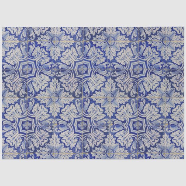 Blau-Weiß-mediterranes Vintages Blumenmuster Seidenpapier (Vorderseite)