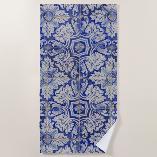 Blau-Weiß-mediterranes Vintages Blumenmuster Strandtuch (Vorderseite)