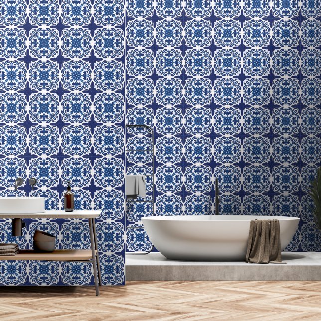 Blau-Weiß-Mittelmeer-Fliesenmuster Tapete (Badezimmer)