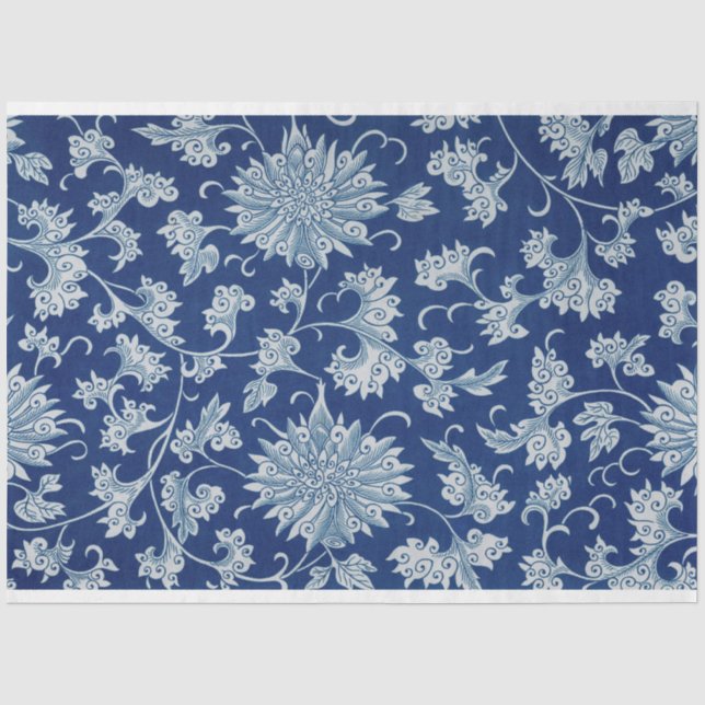 Blau-Weiß-Papier mit Blumendecoupage Seidenpapier (Vorderseite)