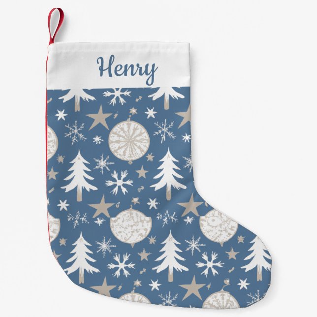 Blau-Weiß Personalisiertes Niedliches Muster Schne Kleiner Weihnachtsstrumpf (Vorderseite)