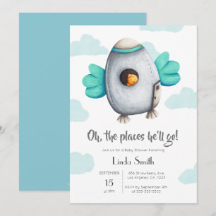 Blau-Weiß-Raumschiff mit Bird Baby Shower Einladung