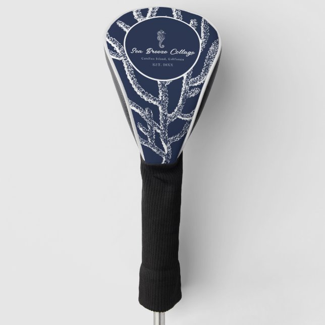 Blau-Weiß-Seepferd mit Meeresthemen Golf Headcover (Vorderseite)