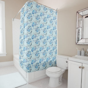Blau Weiß Silber Blumen Cottage Core Shabby Chic Duschvorhang