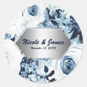 Blau Weiß Silber Winterhochzeit Antike Rosen Runder Aufkleber
