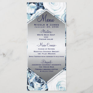 Blau Weiß Silber Winterhochzeit Vintage-Rosen-Menü Menükarte