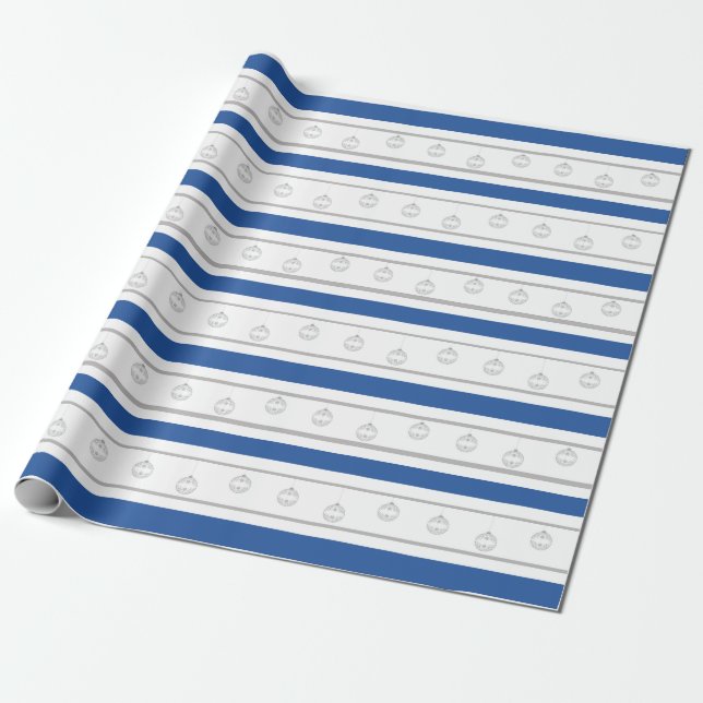 Blau, weiß, silberfarbene Streifen mit Verzierunge Geschenkpapier (Ungerollt)