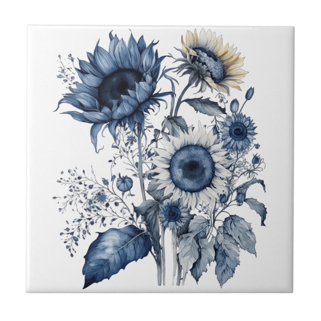 Blau-weiß Sonnenblumen im Delft-Stil, Bouquet Fliese (Vorderseite)