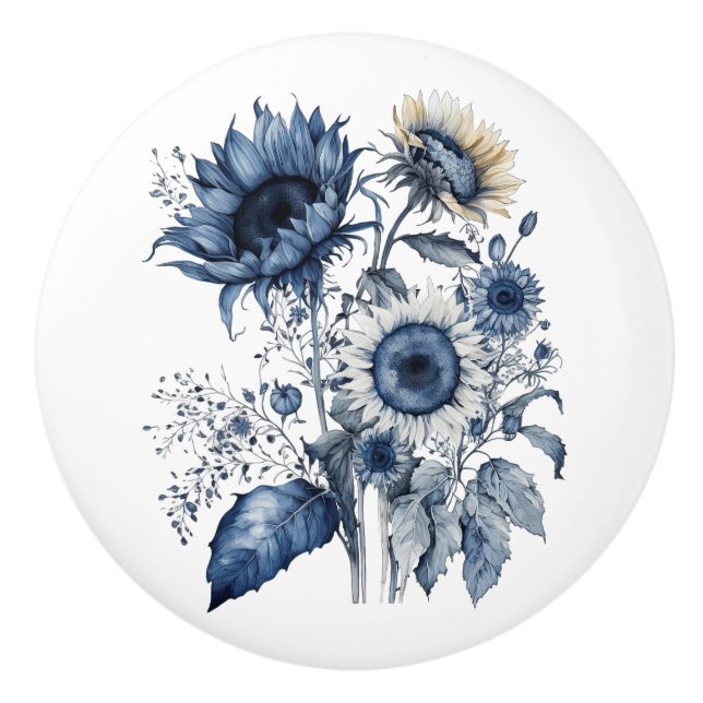 Blau-weiß Sonnenblumen im Delft-Stil, Bouquet Keramikknauf (Vorderseite)