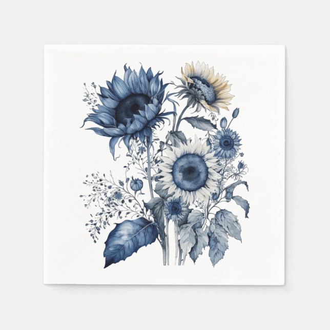 Blau-weiß Sonnenblumen im Delft-Stil, Bouquet Serviette (Vorderseite)