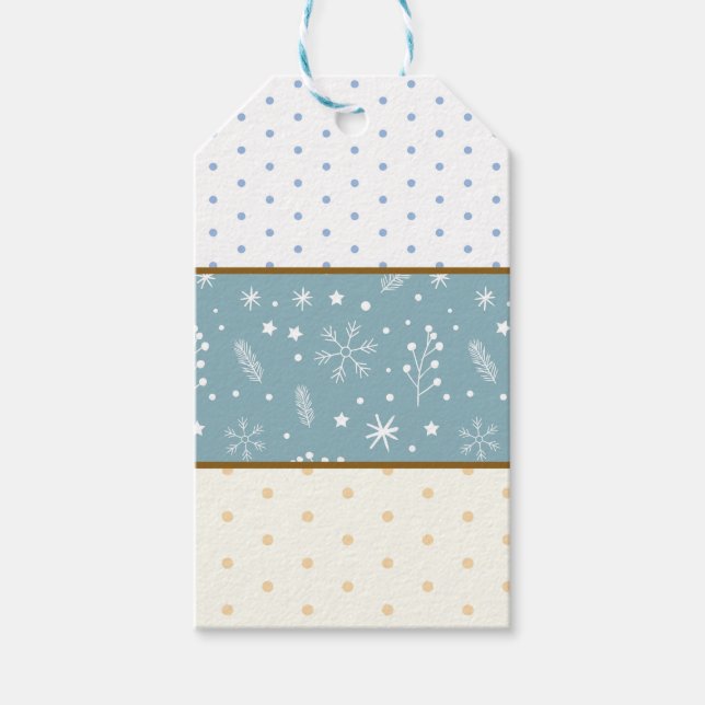 Blau, Weiß, Tan Polka Dots, Schneeflocken & Sterne Geschenkanhänger (Vorderseite)