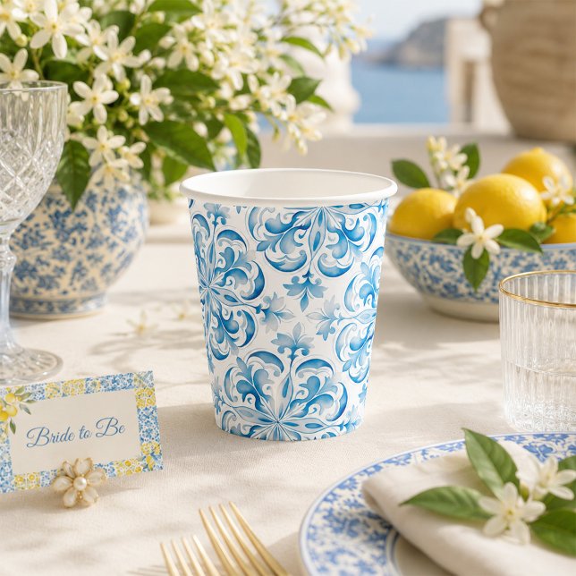 Blau-Weiß-Tile im Mittelmeer Pappbecher (Mediterranean Blue Tile Bridal Shower Paper Cups)