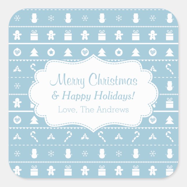 Blau Weiß Uggli Weihnachten Sweater Icons Muster Quadratischer Aufkleber (Vorderseite)