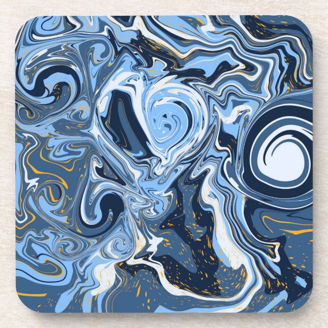 Blau, Weiß und Gold Wirbel Fluid Art Getränkeuntersetzer (Vorderseite)