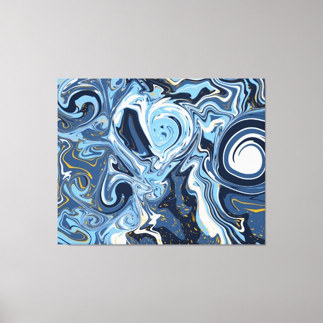 Blau, Weiß und Gold Wirbel Fluid Art Leinwanddruck (Vorderseite)