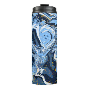 Blau, Weiß und Gold Wirbel Fluid Art Thermosbecher