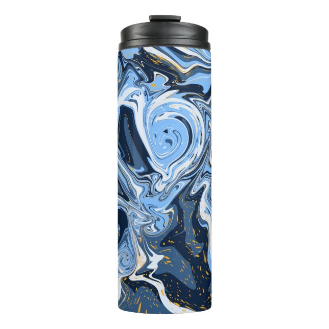 Blau, Weiß und Gold Wirbel Fluid Art Thermosbecher (Vorderseite)