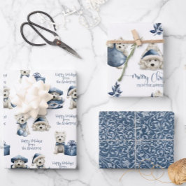 Blau weiß und silber, weißer, festlicher Welpenurl Geschenkpapier Set