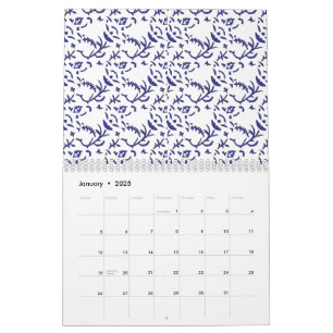 Blau-weiß verpacktes Papier mit grafischer Darstel Kalender