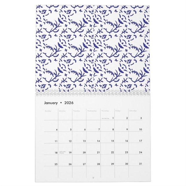 Blau-weiß verpacktes Papier mit grafischer Darstel Kalender (Jan 2026)