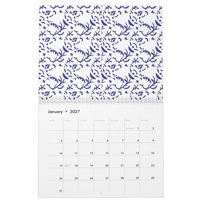 Blau-weiß verpacktes Papier mit grafischer Darstel Kalender (Jan 2027)