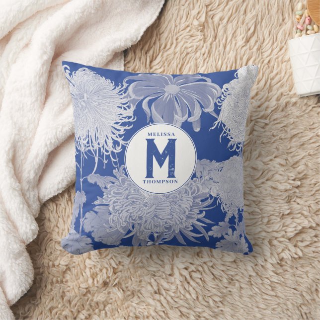 Blau Weiß Vintag Chinoiserie Floral Monogram Kissen (Decke)
