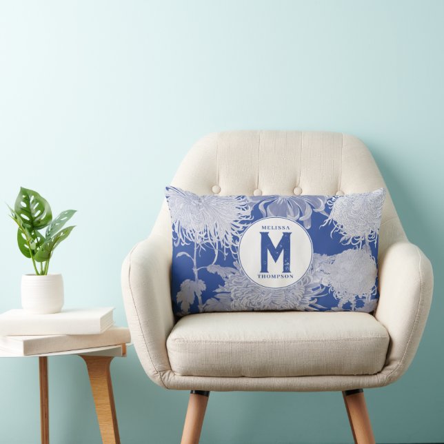 Blau Weiß Vintag Chinoiserie Floral Monogram Lendenkissen (Stuhl )