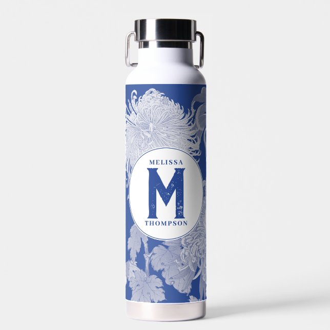 Blau Weiß Vintag Chinoiserie Floral Monogram Trinkflasche (Vorne)