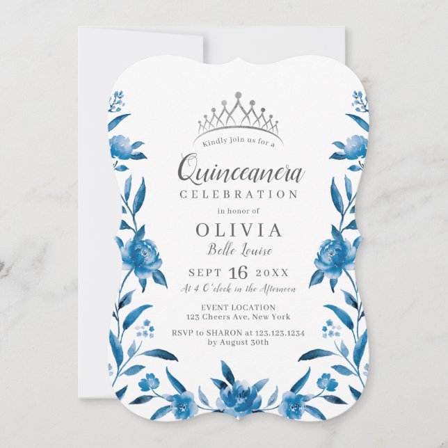 Blau-weiße Aquarellblüte Quinceanera Einladung (Vorderseite)