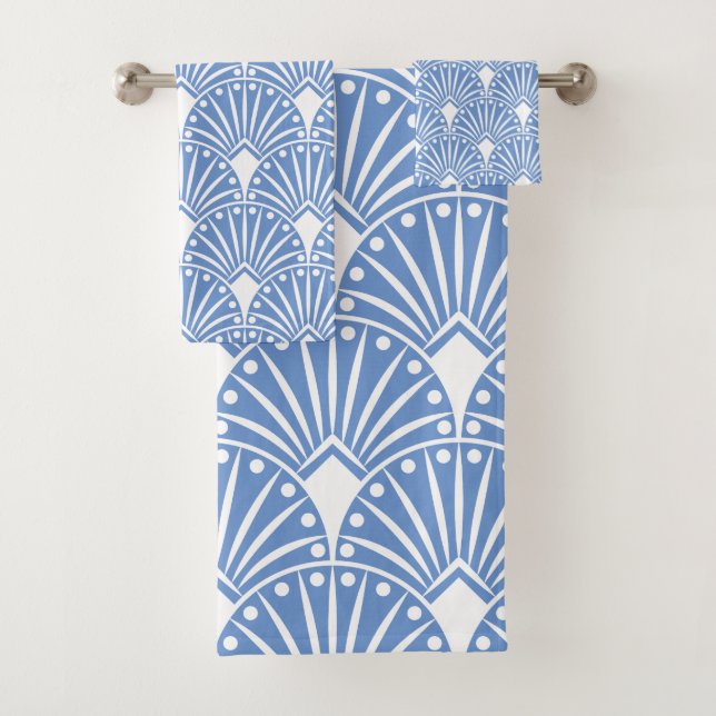 Blau-weiße Art-Deco-Muster Badhandtuch Set (Insitu)