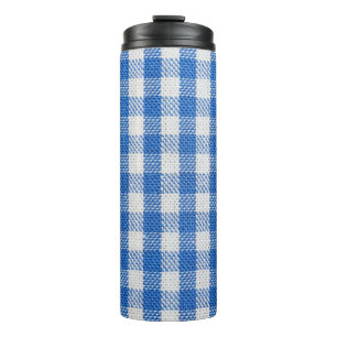 Blau-weiße ausgekleidete Esskleider. Thermosbecher