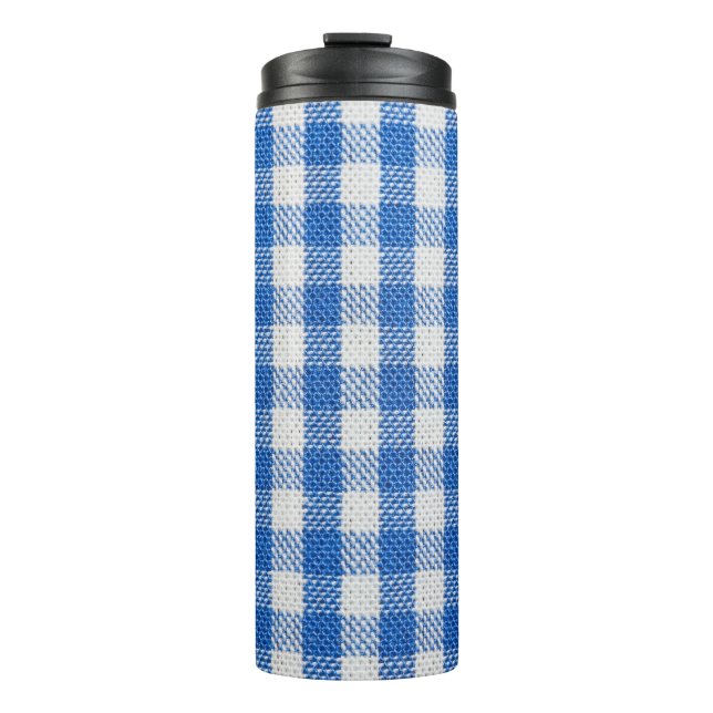 Blau-weiße ausgekleidete Esskleider. Thermosbecher (Vorderseite)