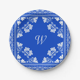 Blau-weiße Bandana mit Monogramm Pappteller