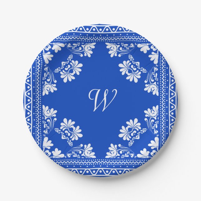Blau-weiße Bandana mit Monogramm Pappteller (Vorderseite)