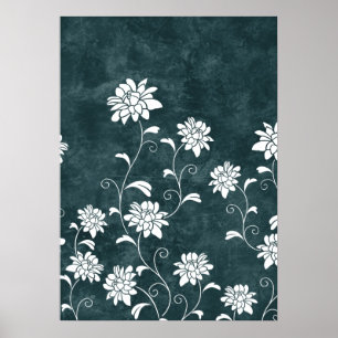 Blau-weiße Blume aus geblümten Damast, mädchenhaft Poster