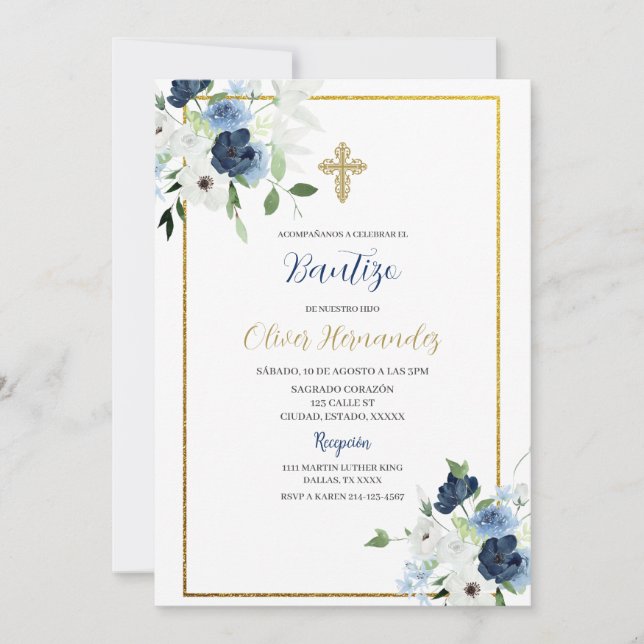 Blau-weiße Blume Bautizo Spanish Invite Einladung (Vorderseite)