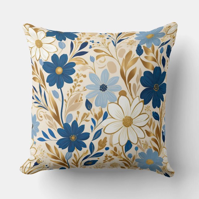 Blau-weiße Blume mit goldenen Blätter Kissen (Vorderseite)