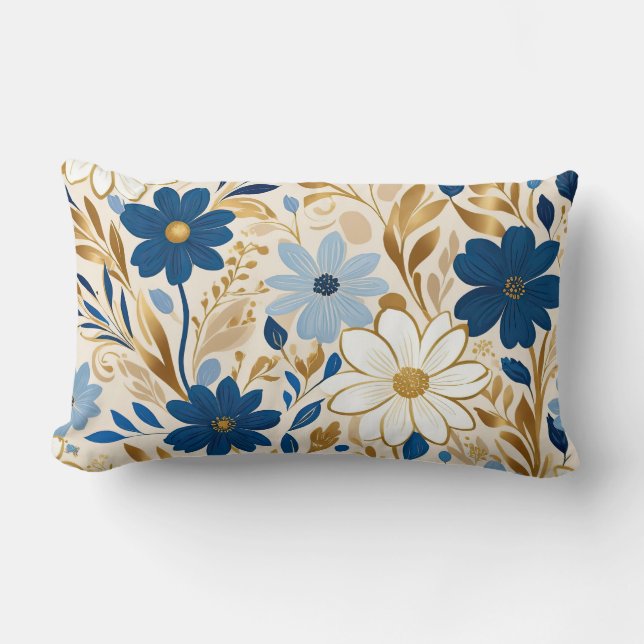 Blau-weiße Blume mit goldenen Blätter Lendenkissen (Vorderseite)
