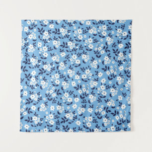 Blau, weiße Blume: Vintag Wandteppich