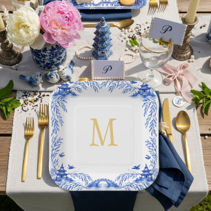 Blau-weiße Blumen-Weiden-Kachel-Monogramm Pappteller