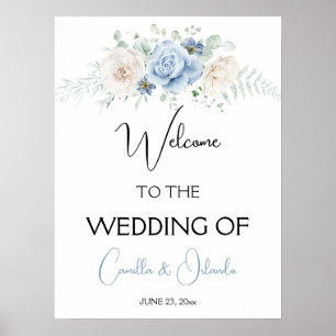 Blau-weiße Blumengrußkarte zur Hochzeit Poster