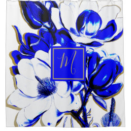 Blau-weiße Blütenfeder-Chic Elegantes Monogramm Duschvorhang