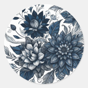 Blau-weiße bohemian Blumenhochzeit Runder Aufkleber