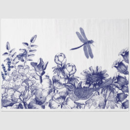 Blau-weiße botanische Wanddecoupage Seidenpapier