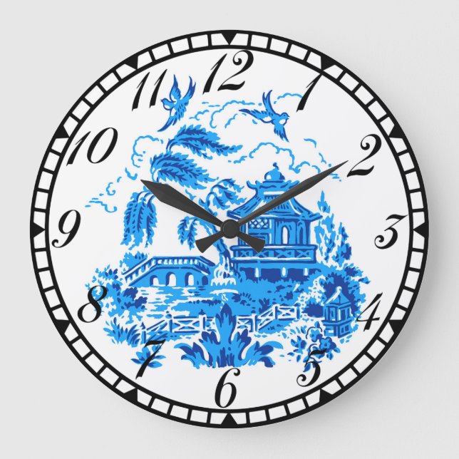 Blau-weiße China Blaues Blumendesign Große Wanduhr (Vorderseite)
