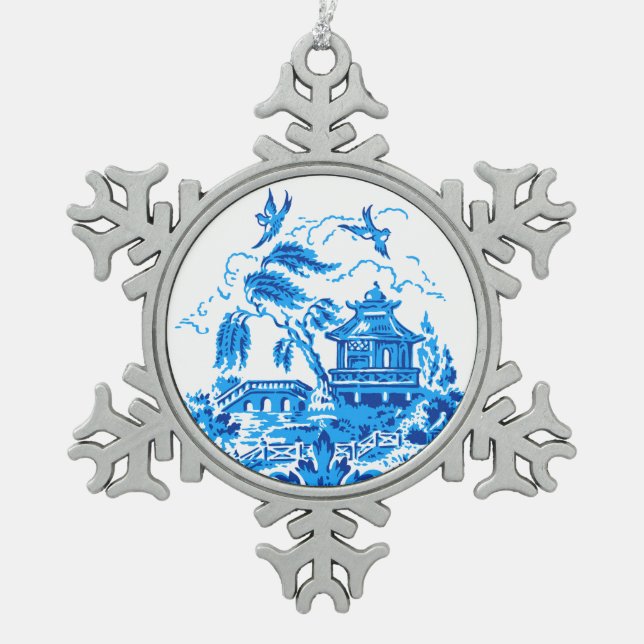 Blau-weiße China Blaues Blumendesign Schneeflocken Zinn-Ornament (Vorderseite)