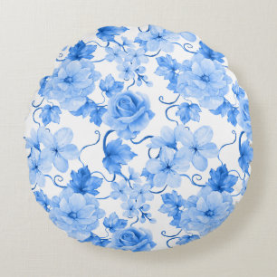 Blau-weiße Chinoiserie-Blumen-Botanikdruck Rundes Kissen